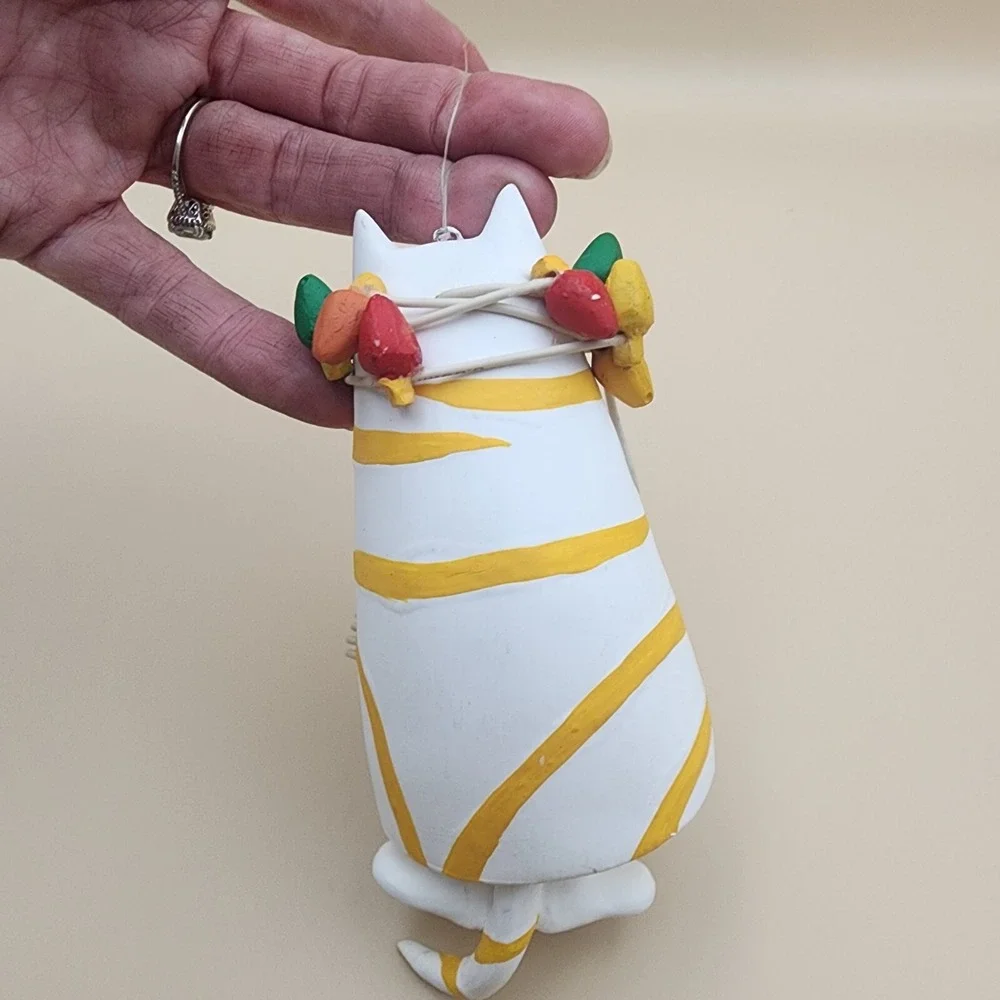 Tabby Cat Tangled‎ In Christmas Lights Ornament Legs Tail Movable Bell Like